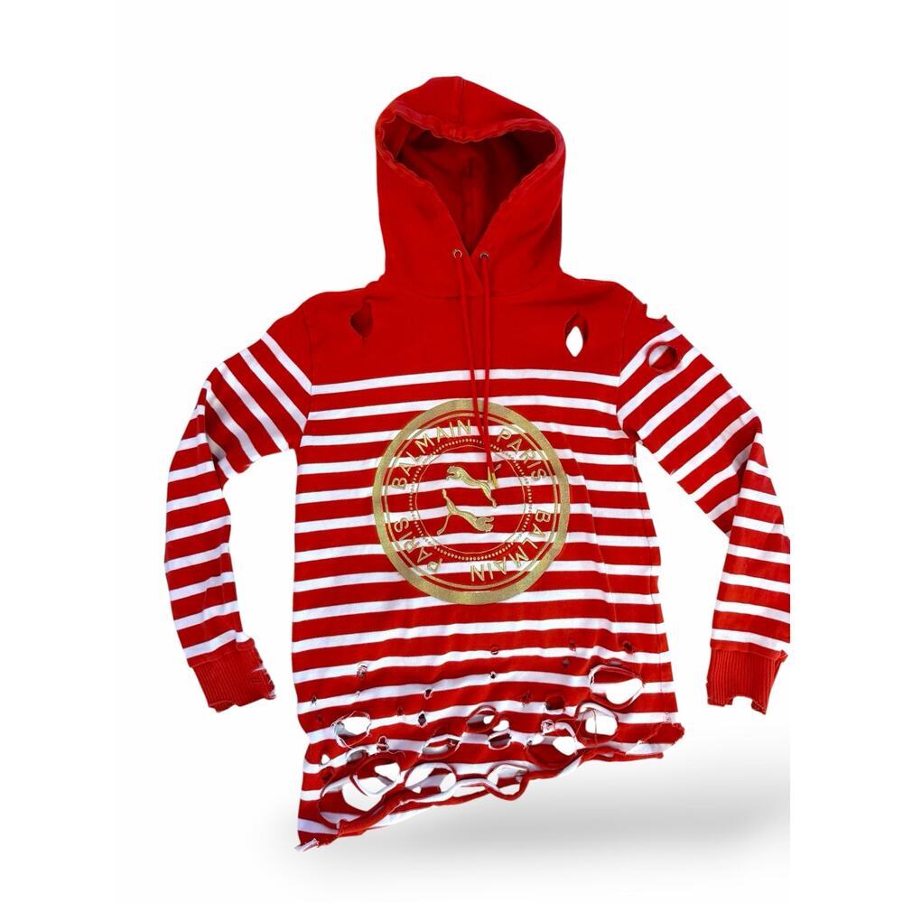 Balmain Hoodie sweatshirt red white striped Cara Delevingne French terry cotton